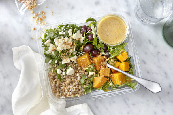 Arugula Barley Bowl with Beets, Kalamata Olives, & Chickpea Crunch