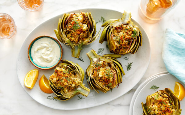 Baked Stuffed Artichokes with Garlicky Yogurt