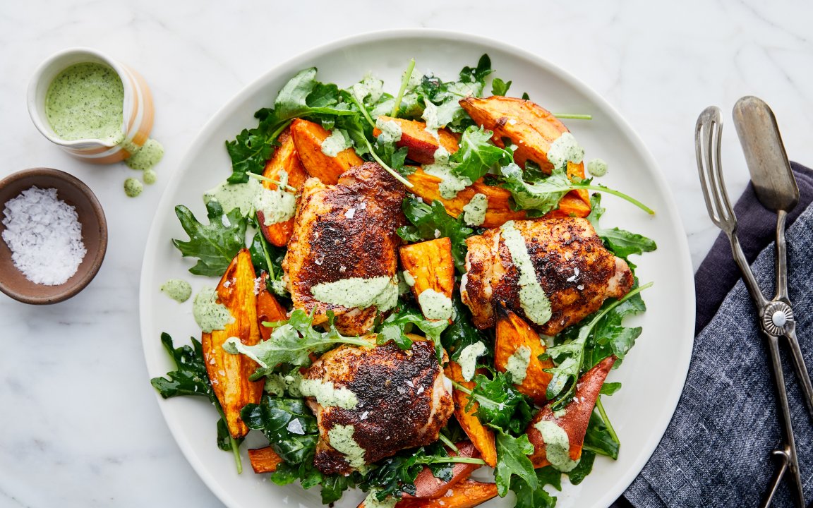 Family-Size One-Pan Chicken Thighs with Sweet Potatoe & Aji Verde