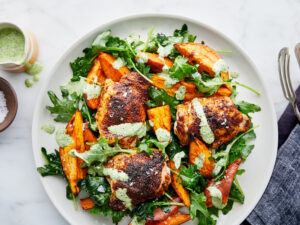 One-Pan Chicken Thighs with Sweet Potatoes & Aji Verde