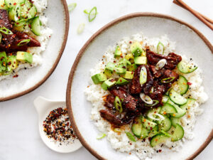 Teriyaki Beef Bowls with Cucumber & Avocado