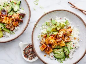 Teriyaki Tofu Bowls with Cucumber & Avocado